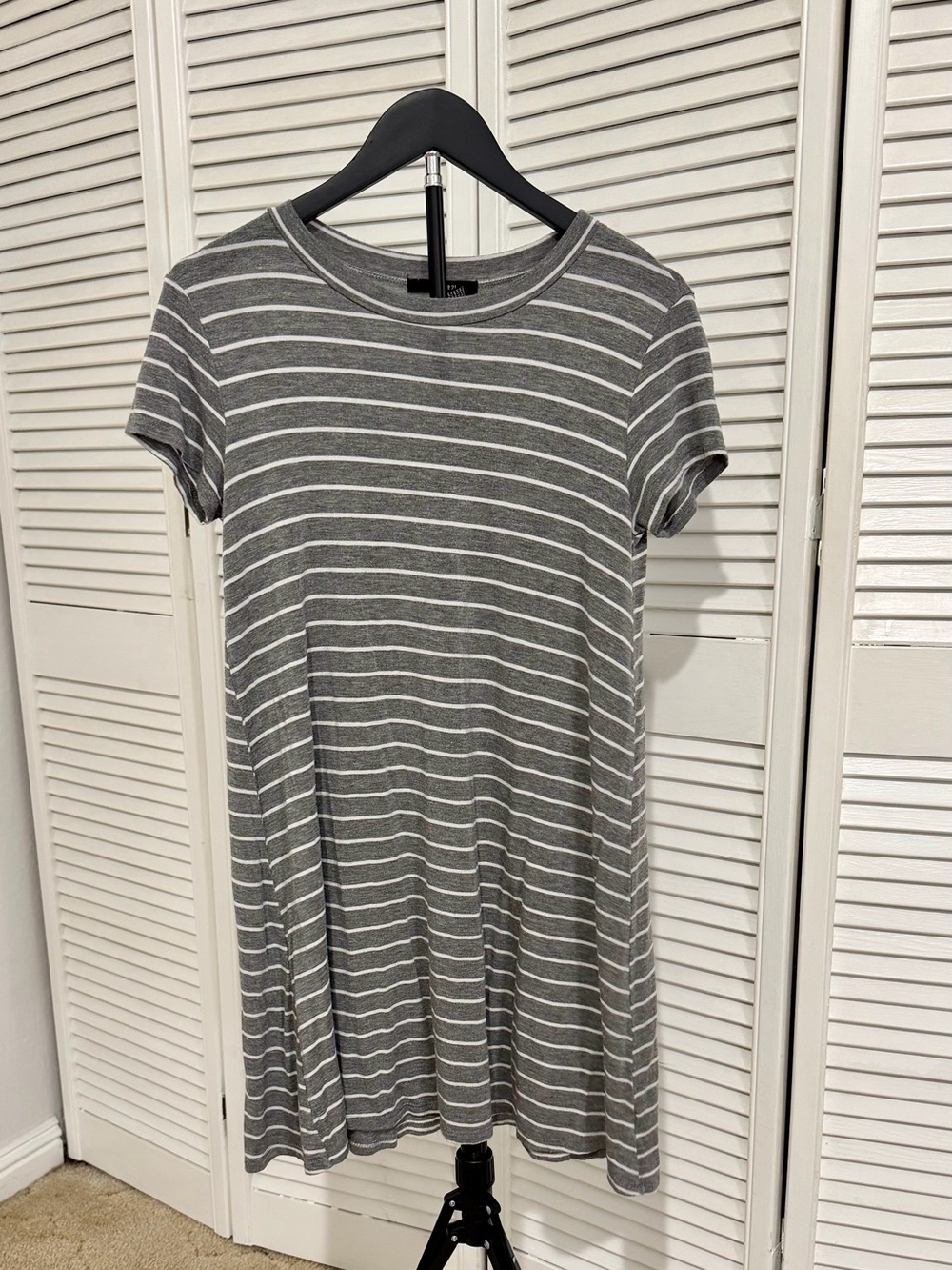 Forever 21 Gray and White Striped Short-Sleeve Mini T-Shirt Dress